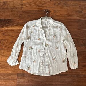 Lightweight Linen Blend White Button-Up Shirt with Palm Print